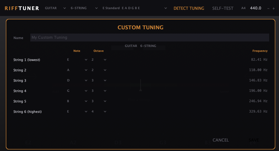 Custom tuning editor with per-string note and octave