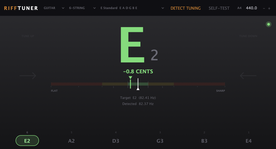RiffTuner plugin window showing a low E note in tune