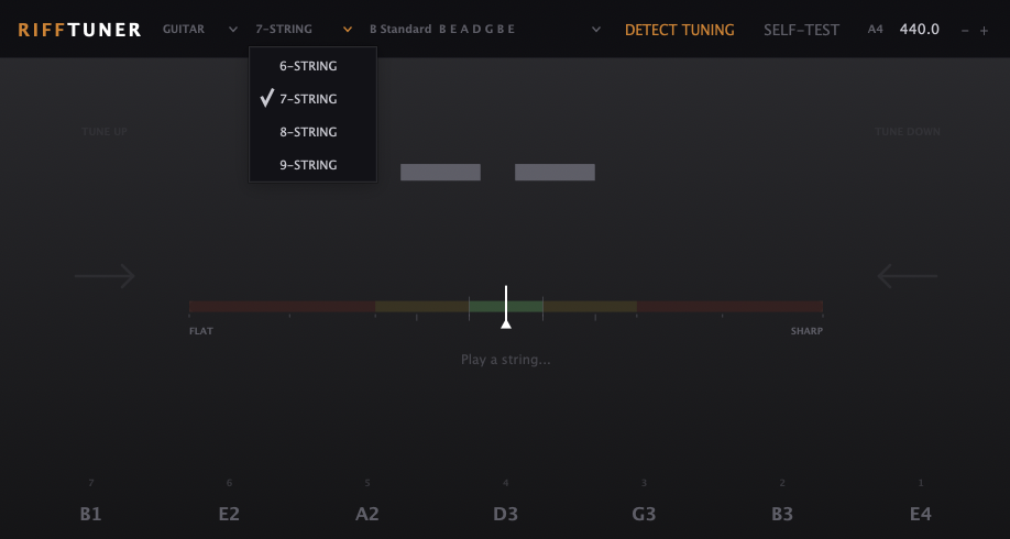 String count selector offering 6, 7, 8 and 9 string guitar