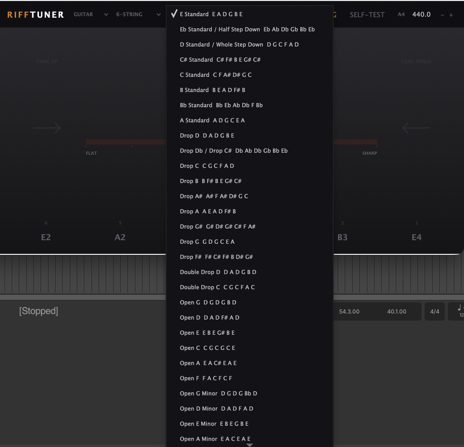 The tuning list, showing standard, drop and open tunings