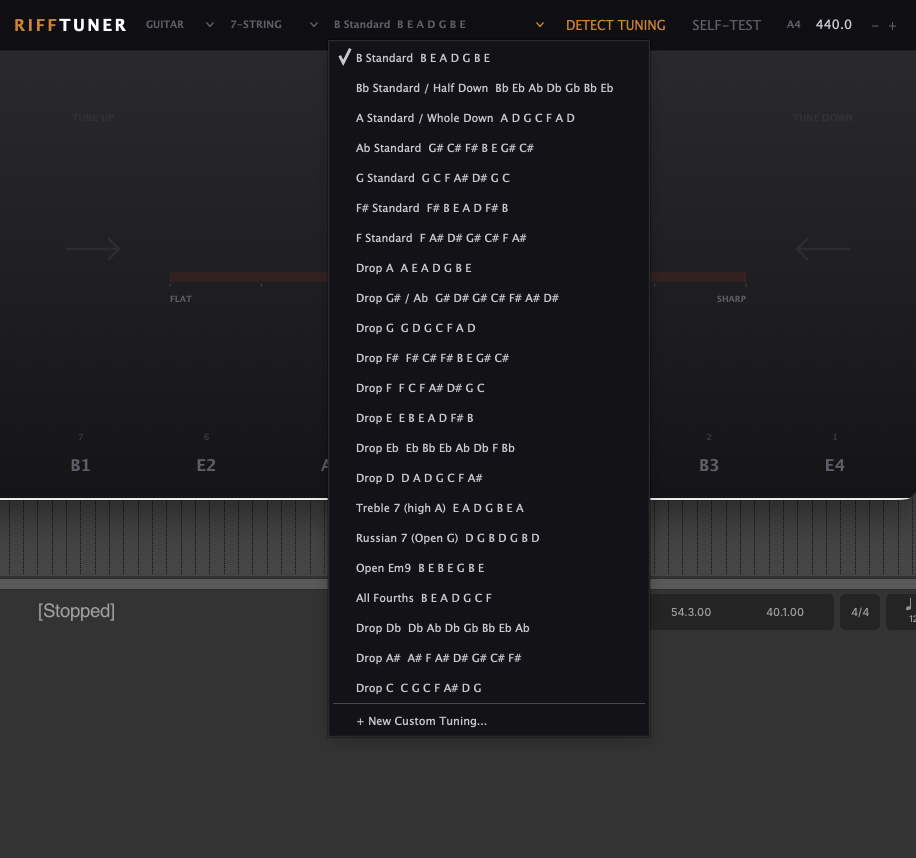 The seven-string tuning list, from B Standard down to Drop C
